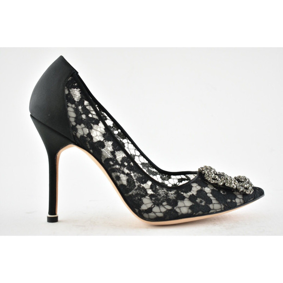 Manolo Blahnik Hangisila Hangisi 105 Black Lace Crystal Buckle Heel Pump 39.5 - Picture 3 of 12